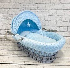 Luxury Moses Basket Padded Grey Wicker with handles Baby Full Set - Blue Dimple