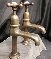 LARGE AGED BRASS PILLAR TAPS BELFAST KITCHEN SINK TAPS, RECLAIMED, REFURBISHED 