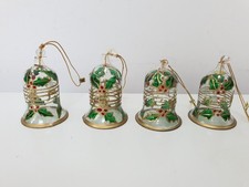 Vintage Christmas Stained Glass Bell Ornaments Holly Glitter Set of 4 6cm