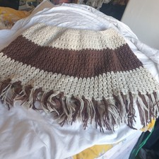 Vtg Style Short Shoulder Poncho Shrug Knit Handmade Brown Cream Crochet Fringe