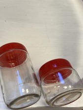 Vintage Pair Of Glass Storage Jars 70’s Retro Kitchen Made in England Red Lids