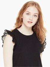 NWT $110⭐Kate Spade Med Pom Pom Trim Ruffle BLACK Sleeveless Cotton Tank Top Tee