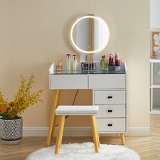 Dressing Table Round LED Mirror Vanity Glass Top Make up Desk Stool Set Cabinet