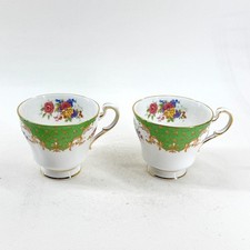 VINTAGE PARAGON ROCKINGHAM BONE CHINA GREEN FLORAL TEA CUPS ENGLAND PAIR