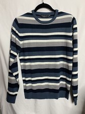 Cedar Wood State Mens Small Pullover Blue White Grey Long Sleeve Striped Sweater