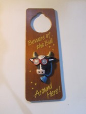 Vintage 3D Bull Wooden Door Knob Hanger "Beware Of The Bull" USA 1987 Adoorables