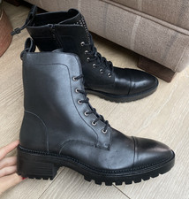 NEW BLACK LEATHER ZARA STUDDED BIKER BOOTS, UK 8/41
