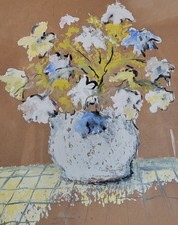 Large Original Vintage Still Life Flowers Oil Painting on Brown Paper Size 60x77