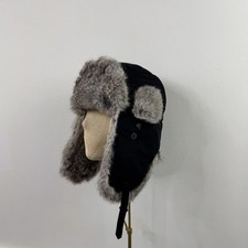 Y2K vintage genuine real rabbit fur trim trapper hat black grey