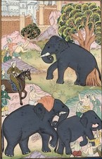 Mughal Miniature Gouache Painting - Elephant Capture From Akbarnama 20thC