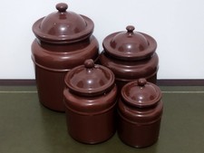 Set of 4 Brown Vintage Enamel Canisters for Camping/Kitchen