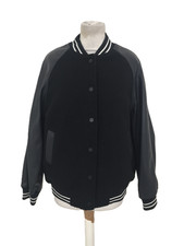 M&S Women's Bomber Jacket Navy Faux Leather Mix Striped Rib Trim L/Sleeve New F1