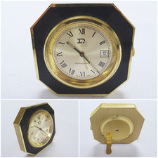 Vintage Desk Clock Miniature 1980s Brass Black Enamel Watch Swiss Memoquartz 80s