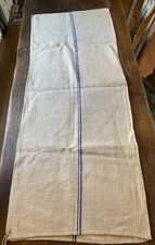 Antique French Hungarian Hemp Linen Grain Sack Fabric Upholstery Blue Stripe VGC