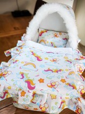 REBORN/DOLLY 20" BEAUTIFUL CARRY CRIB/COT  WITH FUR HOOD *UNICORN PATTERN*