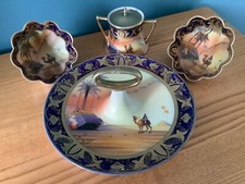 Noritake desert scene cake plate, sugar pot and 2 bowls