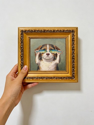 Dog holding fish - holding, glasses