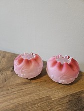 Vintage Antique Victorian pink Satin Glass Rose Bowl Vases Crimped Pair Cased
