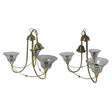 Vintage Ceiling Light x2 Chandalier Pair Brass Gold Metal Glass Shades 3 Uplight