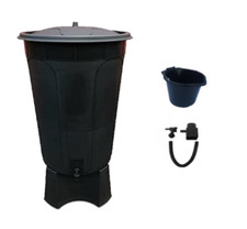 200 LITRE BLACK WATER BUTT WITH  BLACK STAND TAP & LID + DIVERTER KIT + BUCKET