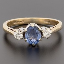 9ct Yellow Gold Blue Sapphire & Diamond Three Stone Ring UK Size J Hallmarked