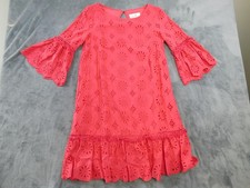 Anthropologie Dress Womens 2 Pink Eyelet Embroidered Ruffle Hem Bell Sleeve
