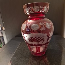 Vintage Ruby Red Bohemian Cut to Clear Glass Vase 8” w- Czech cut to clear vase
