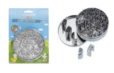 KITCHEN CRAFT SMALL METAL ALPHABET COOKIE CUTTERS IN METAL STORAGE TIN