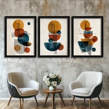 Modern Geometric Wall Art Set Of 3 Prints Abstract Shapes Teal Terracotta Art