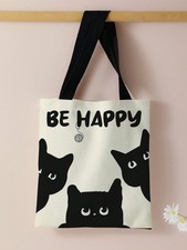Black Cat Be Happy Canvas Tote Bag Shoulder Tote | Ships UK