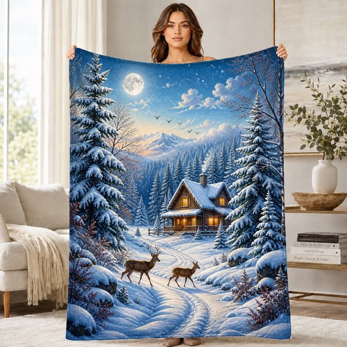 Winter cabin with deer - cabin,