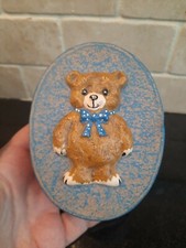 Vintage Teddy Bear Trinket Box Papier Mache & Resin Blue Cute Retro Nursery Gift
