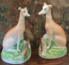 Pair Antique Staffordshire Greyhound Dogs Whippets lurchers Hounds. 9.5" Rabbits