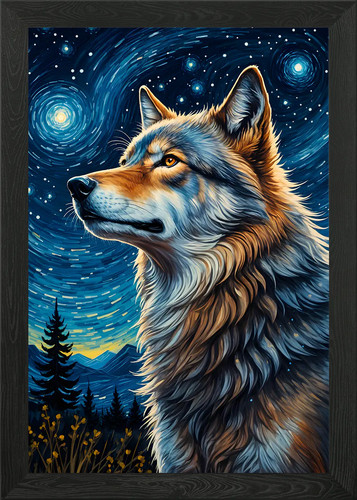 Wolf starry night - starry, framed