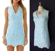 Lilly Pulitzer Estella shift blue metallic gold embroidered Sandollar eyelet 2