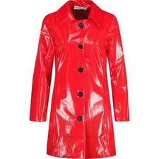 Puritues Women Red PVC Vinyl Raincoat Glossy Shiny Trench Coat Retro Mod Jacket