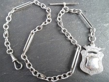 35g Antique Fancy Link Solid Silver Albert Pocket Watch Chain + Silver Fob Medal