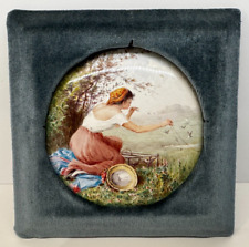Antique Ceramic Plaque 19th century blue velvet frame Lady trapping birds