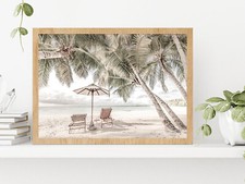 Hut & Palm Trees near Sand Beach Photograph Glass Framed Wall Art, Ready to Hang