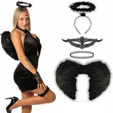 Women's Black Angel Costume Wings Halo Halloween Fancy Dress Up Devil Fallen UK