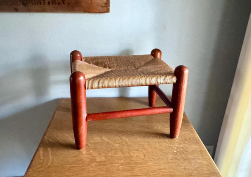 Vtg wooden foot stool woven - stool,
