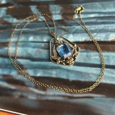 Antique Edwardian Rolled Gold Blue Glass Pendant Lavalier Lavaliere Necklace