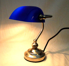 Small Bankers Lamp Blue Glass Shade Ring Lighting UK Retro Desk Table Office