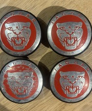 (68) Set Of 4 Genuine Used Jaguar Alloy Wheel Centre Caps 58mm Red/silver