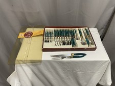 LAGUIOLE 1980s French CUTLERY FLATWARE 26 Pc Set Malachite Marbled Green Handles