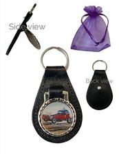 Stock Car Racing (A) Genuine Black Leather Domed Keyring In Gift Bag