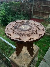 Vintage Indian Hand Carved Folding Wooden Inlaid Side Table Plant Stand 32cm