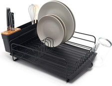 – Premium Dish Drainer – Plate Drying Rack with Cutlery Holder & Drip Tray – Bla