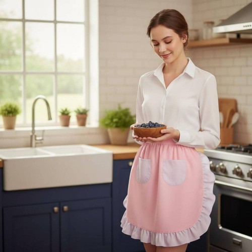 Pink ruffled half apron - pink, cute