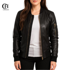 Unisex Lambskin Leather Jacket | Men Black Leather Bomber Jacket